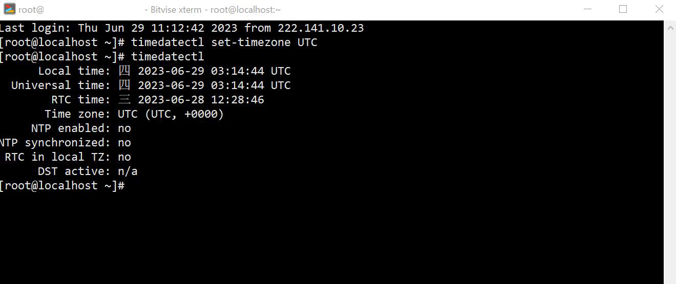 设置本地服务器采用UTC时命令：timedatectl set-timezone UTC