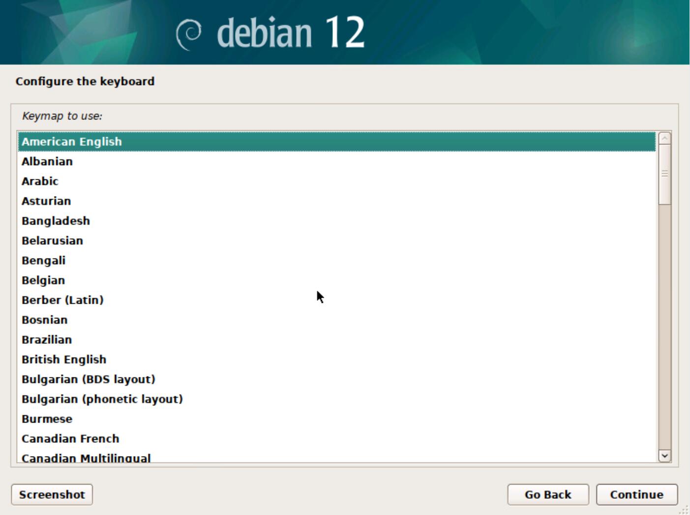 安装Debian12系统选择键盘布局American English