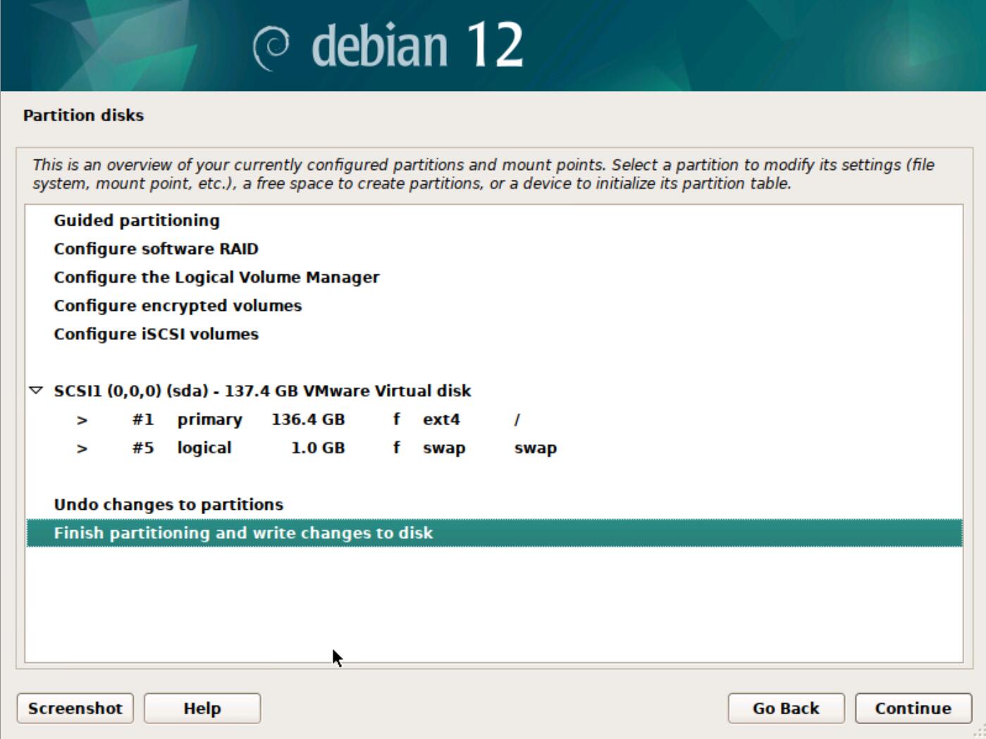 选择Finish partition and write changes to disk选项