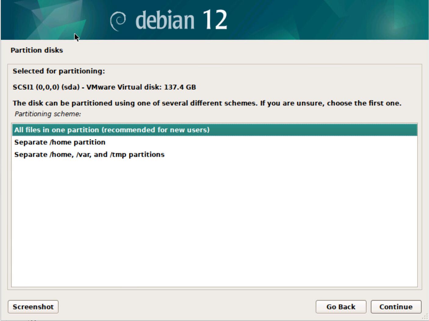 选分区空间划分方案：All files in one partition (recommended for new users) 